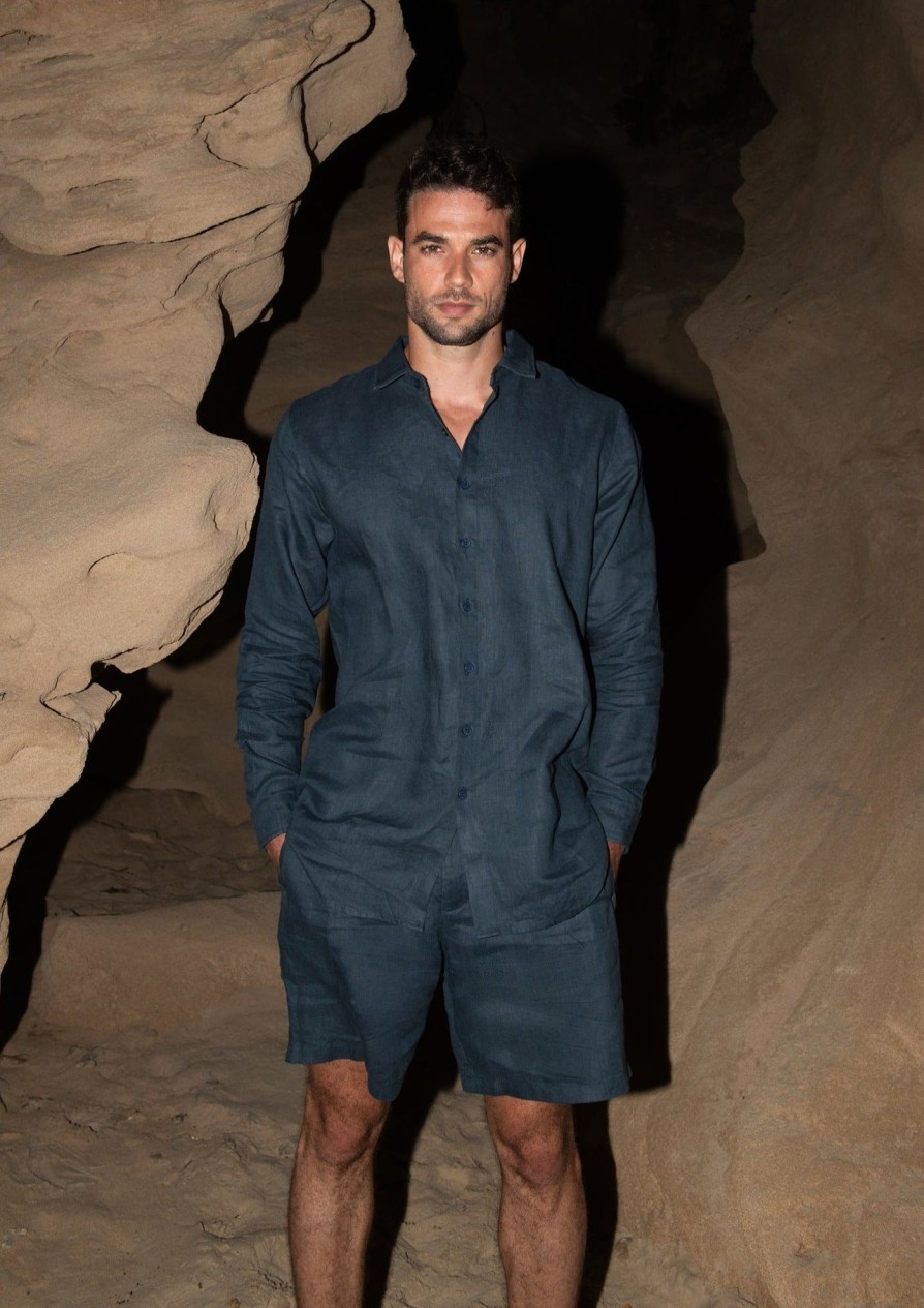 Bananhot Men'S Beachwear | Danny Linen Dark Blue - Shirt