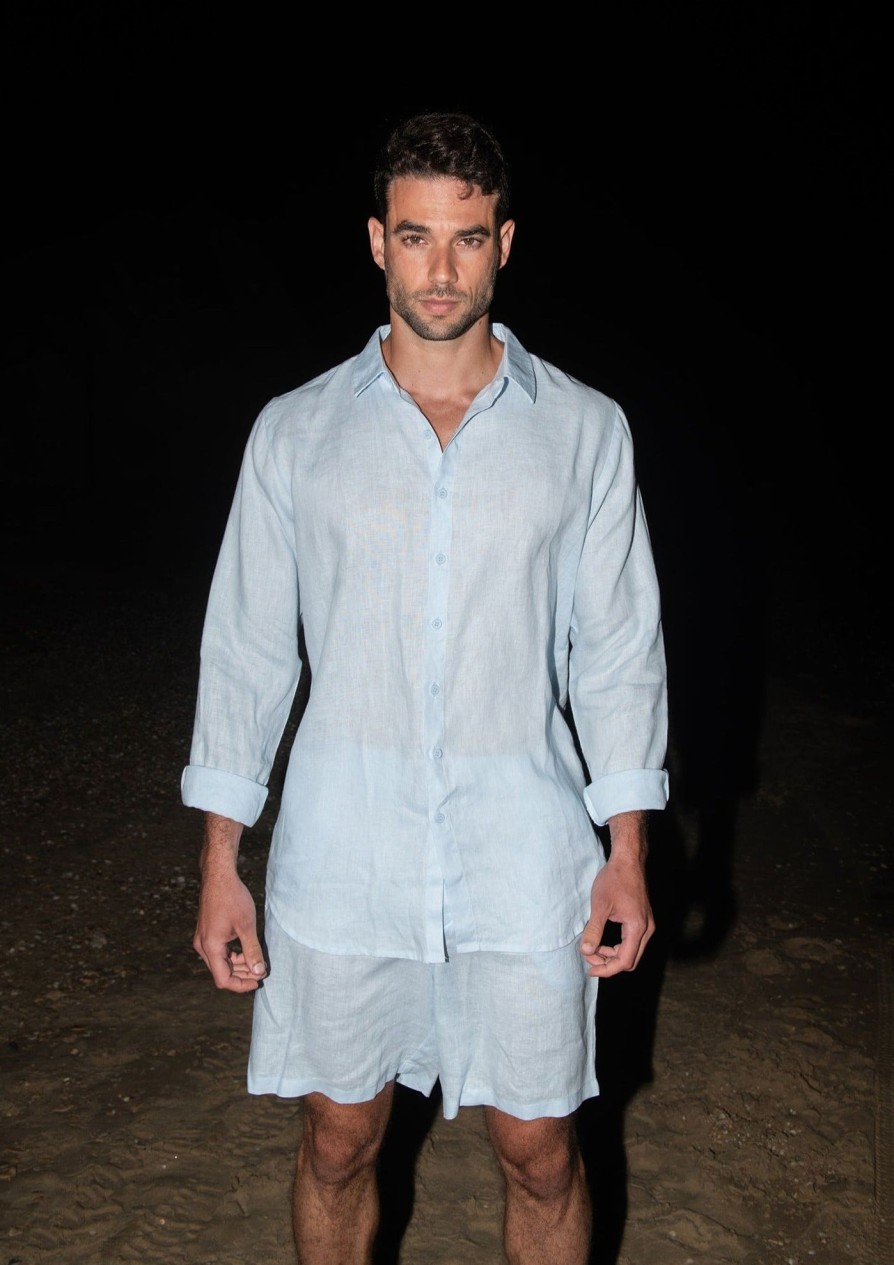 Bananhot Men'S Beachwear | Danny Linen Light Blue - Shirt